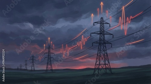 Electricity pylons at dusk with superimposed energy price graph.