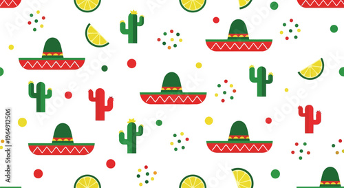 Mexican fiesta vector pattern with sombrero hats, cactus, and lemon slices seamless background