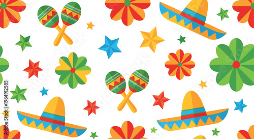 Mexican fiesta vector pattern with sombreros, maracas, and colorful flowers seamless background