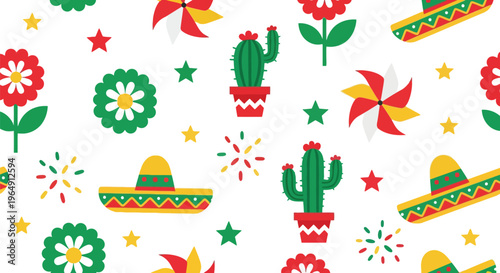 Mexican Fiesta Vector Pattern with Sombrero, Cactus, Flowers and Pinwheel Elements