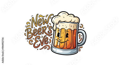 A cartoon illustration of a smiling beer mug with frothy head and handle, surrounded by 'New Beer's Eve' text in playful, swirling designs on a white background.