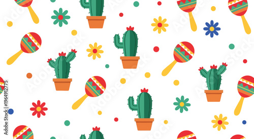 Mexican cactus and maracas seamless vector pattern with colorful festive floral elements