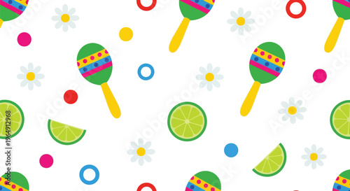 Festive maracas and lime seamless vector pattern for Cinco de Mayo party backgrounds
