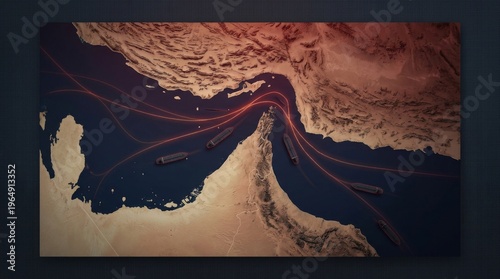 Satellite view of the Strait of Hormuz showing shipping lanes and maritime traffic a critical choke point for global oil trade.