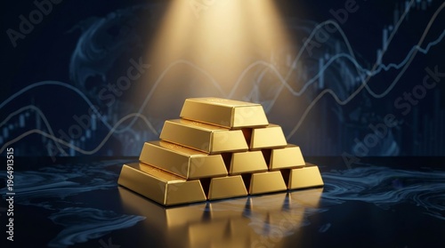 Stack of Gold Bars Illuminated by Spotlight with Financial Graph Background.