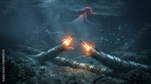 Submarine cables glowing underwater connecting the worlds digital infrastructure.