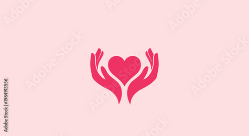 Pink heart in hands symbol.