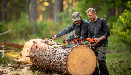 Two men use a chainsaw on a large log in a sun-dappled forest, teamwork evident