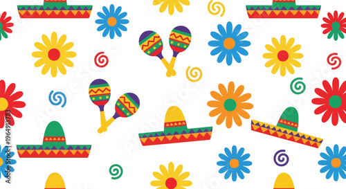 Mexican fiesta vector pattern with sombreros, maracas, and colorful flowers seamless background