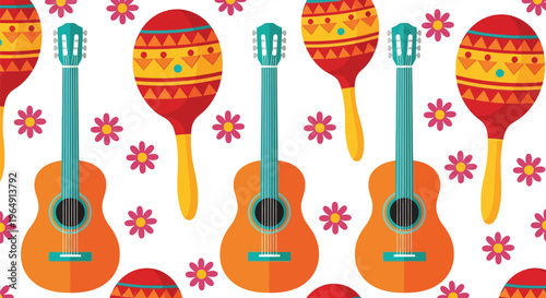 Mexican guitar and maracas seamless vector pattern with colorful festive floral elements