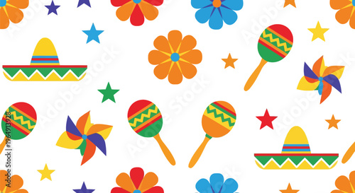 Mexican Fiesta Vector Pattern with Sombrero, Maracas, Flowers and Pinwheels Seamless Design