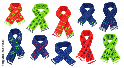 Colorful Knitted Scarves with Winter Patterns - Flat Lay Collection