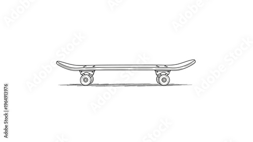 A detailed line drawing illustration of a skateboard with its wheels and trucks depicted on a plain white background