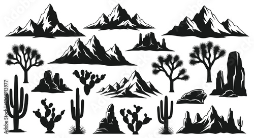 Desert Landscape Elements: Mountains, Cacti, Joshua Trees, Rocks - Vector Set
