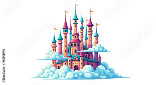 Fantasy Castle Floating in Clouds, Fairytale Palace Towers, Dreamy Kingdom Architecture
