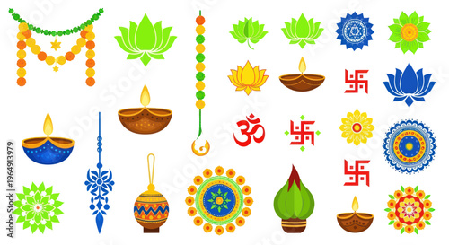 Diwali Festival Decorations: Lotus, Diyas, Om, Swastika, Rangoli, Garlands