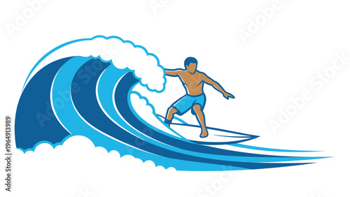 Dynamic illustration capturing the exhilarating thrill of a surfer riding a powerful blue ocean wave, symbolizing freedom, skill, and the pure joy of water sports adventure