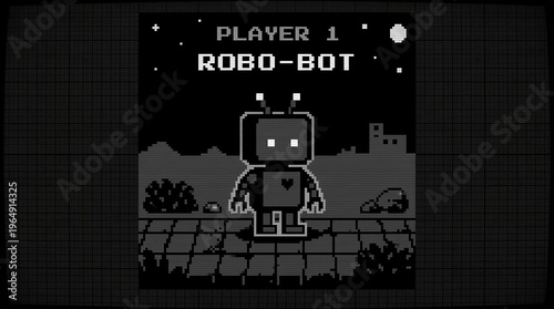 Vintage 8-bit Pixel Art Robot Character on CRT Screen