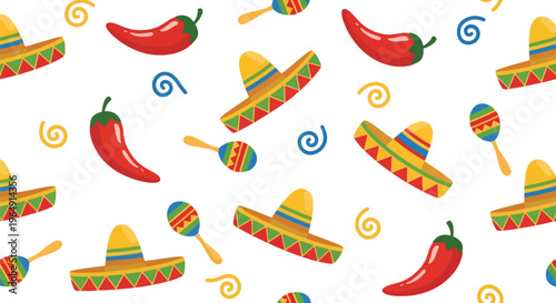 Mexican fiesta vector pattern with sombrero, chili pepper, and maracas seamless background
