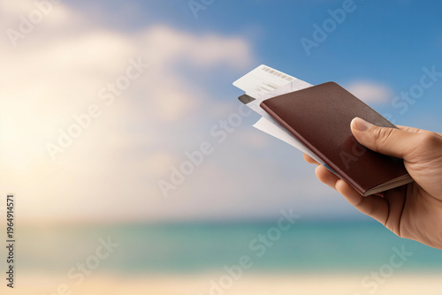 Hand holding passport and tickets against a blurred beach and sky background
