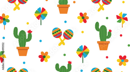Mexican Fiesta Vector Pattern with Cactus, Maracas, Pinwheel and Flowers on White Background