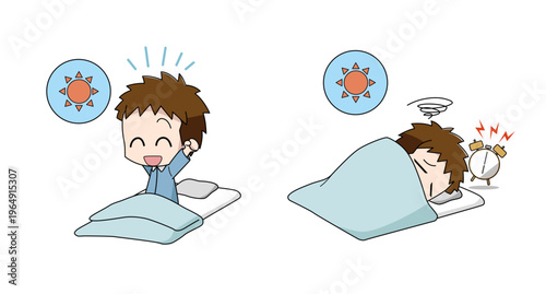 寝起きが良い・寝起きが悪いイラストのセット・男の子