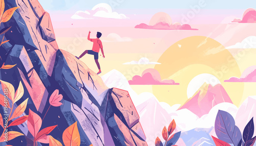 Person running up a rocky mountain with vibrant plants at sunrise