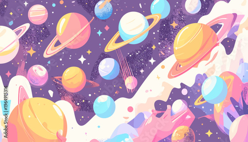 Vibrant planets and celestial bodies float amidst a starry purple galaxy with swirling clouds.