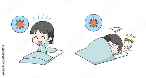寝起きが良い・寝起きが悪いイラストのセット・女の子