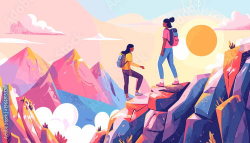 Two hikers standing on a rocky mountain peak at sunrise with backpacks