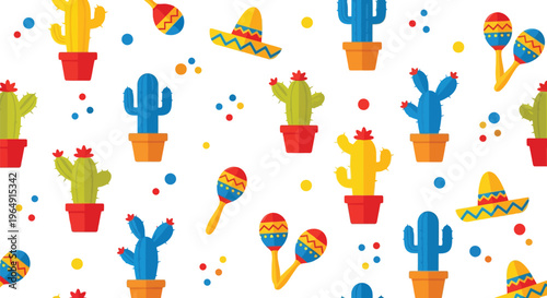 Mexican fiesta seamless vector pattern with cactus, sombrero, maracas, and colorful confetti