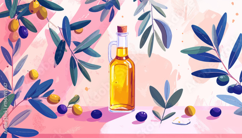 A bottle of olive oil surrounded by leaves and olives on a pink background