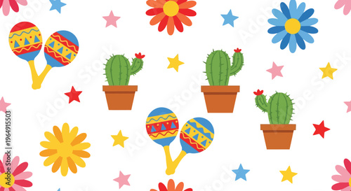Mexican fiesta vector pattern with maracas, cactus, and colorful flowers seamless background