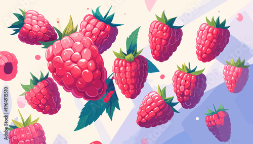 Raspberries are falling from above in an illustration.