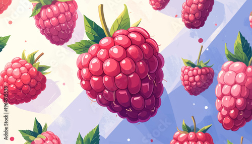Raspberries fall from blue geometric shapes onto a white surface.
