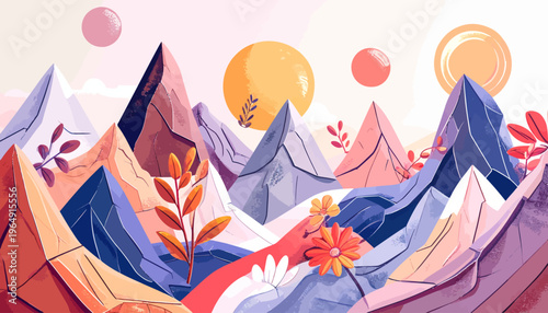Vibrant illustration of mountains, plants, and suns in a stylized landscape scene with abstract shapes and colors.
