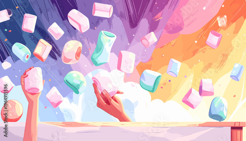 A hand throws colorful cubes into the air with a vibrant background