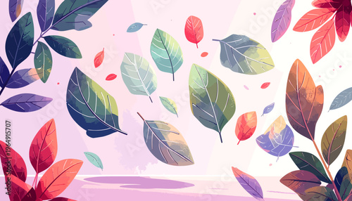 Leaves are falling from trees in a beautiful natural outdoor scene with various colorful foliage floating gently through the air.