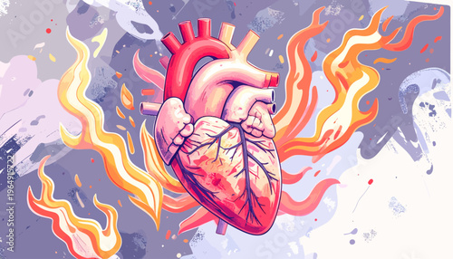 The burning heart is on fire with flames rising around it.