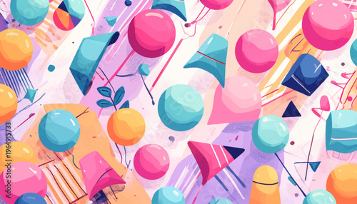 Vibrant abstract artwork featuring colorful shapes and geometric forms in a lively composition