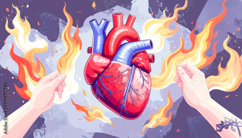 A person holds a burning heart with their hands on fire.