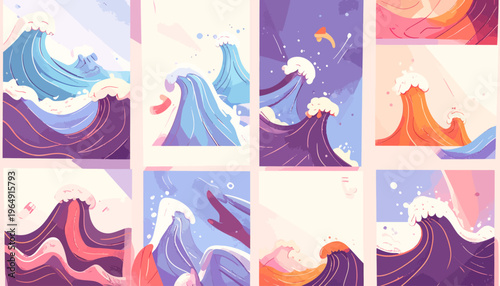 Vibrant abstract wave illustrations showcase ocean swells in various colorful artistic styles and compositions.