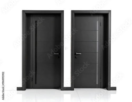 Two modern, gray exterior doors with vertical and horizontal accent lines on a white background