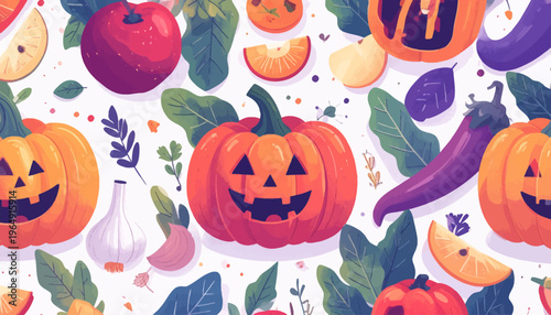 Vibrant Halloween still life arrangement of pumpkins, fruits, and vegetables on a table indoors.