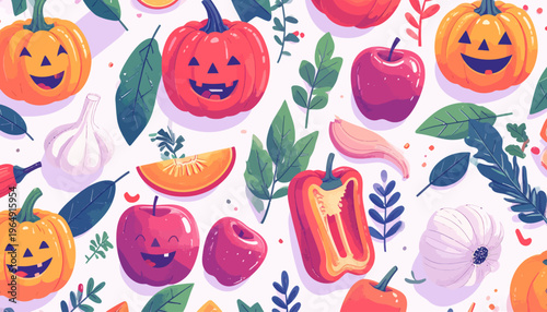 Halloween celebration with various fruits and vegetables on display