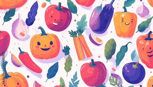 Vibrant illustration of smiling vegetables and fruits scattered on surface