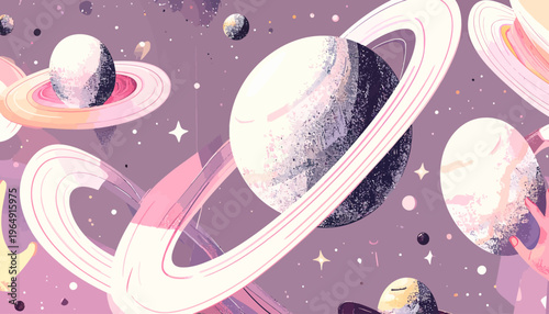 The stunning illustration depicts planets and rings floating in a vibrant purple space environment with stars.