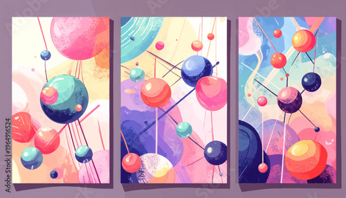 Vibrant colorful molecules connect in a triptych art piece indoors