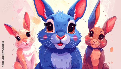 Three rabbits sitting together on a colorful background outdoors