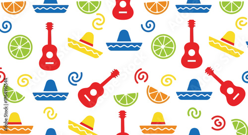 Mexican fiesta seamless vector pattern with guitars, sombreros, limes, and colorful festive elements